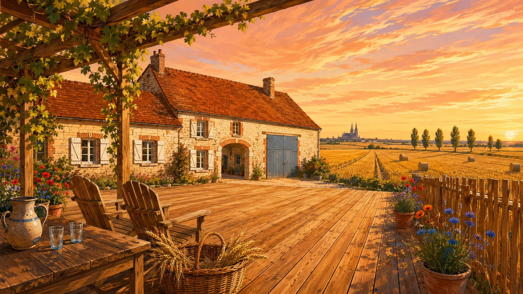 Illustration paysagère du dépôt avec terrasse en bois et clôture